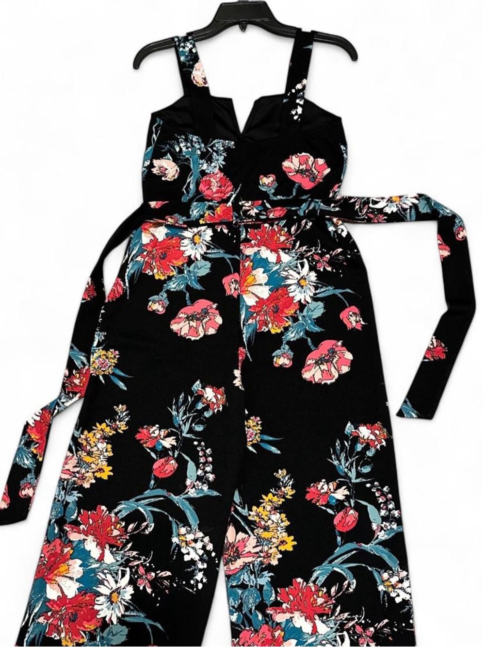 Xhilaration Black Floral Jumpsuit with Pink, Red & Teal Accents